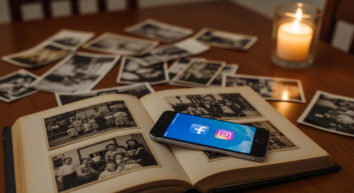 Smartphone posé sur un album photo ancien illustrant la transmission de l'héritage numérique