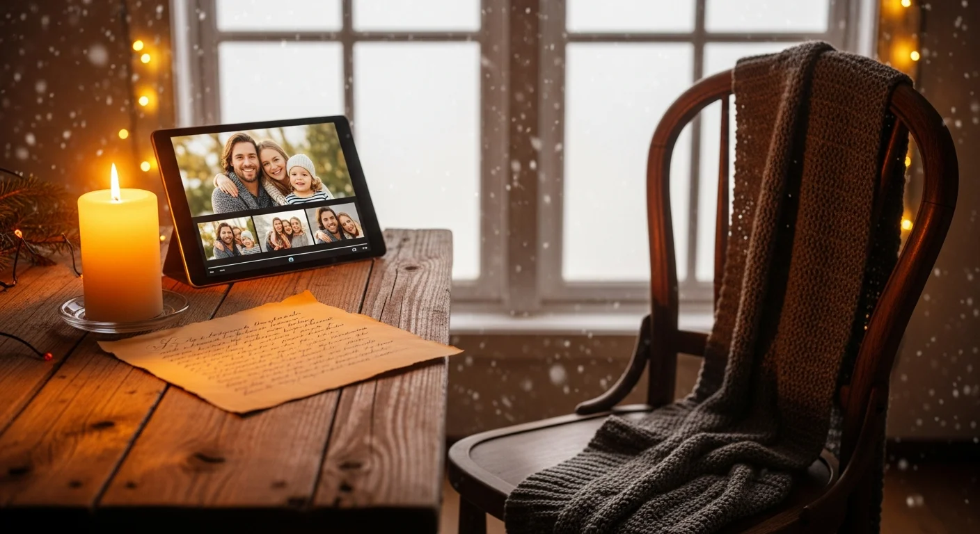 Tablette numérique et lettre manuscrite à côté d'une bougie de Noël, symbolisant la transmission de messages post-mortem.